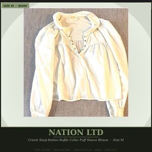 Nation LTD Cream Snap Button Puff Sleeve Ruffle Collar Blouse Size M | Boho |
